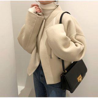 Long-sleeve Plain Faux Fur Coat Beige - One Size