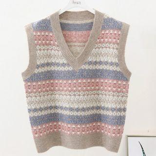 V-neck Pattern Knit Vest Gray - One Size