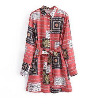Print Tie-waist Mini A-line Shirtdress