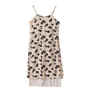 Spaghetti Strap Mock Two-piece Flower Print Dress Black Floral - Beige - One Size