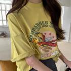 Elbow-sleeve Print T-shirt Lemon Yellow - One Size