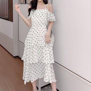 Floral Print Cold-shoulder Short-sleeve Layered Midi A-line Dress