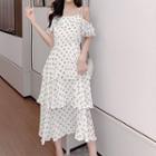 Floral Print Cold-shoulder Short-sleeve Layered Midi A-line Dress