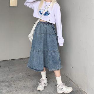 Elastic-waist Tiered Denim Midi Skirt