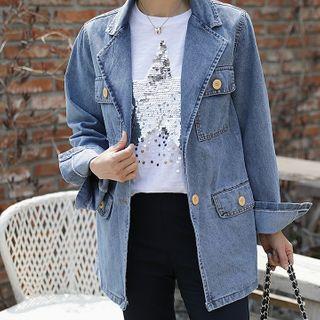 Notch-lapel Pocket-detail Denim Jacket With Sash Blue - One Size