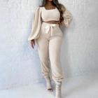 Top & Pants Set: Fleece Long Sleeve Square Neck Top+ Ribbon-tie Pants