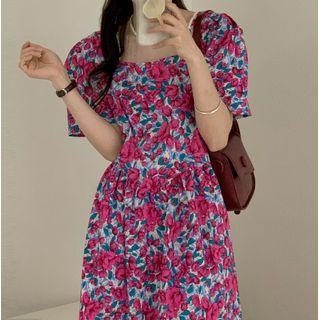Puff-sleeve Floral Print Midi A-line Dress Floral Print - Dark Pink - One Size