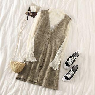 Frilled Long-sleeve Loose-fit Top / Sleeveless Knit Dress