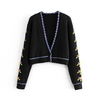 V-neck Floral Embroidered Cropped Cardigan