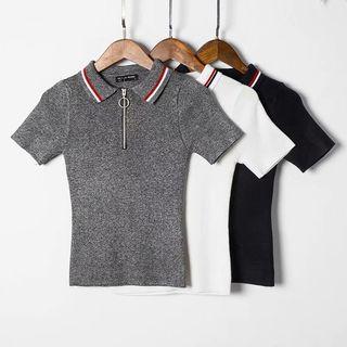 Striped Zip Detail Short-sleeve Polo Shirt
