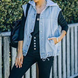 Hooded Button-up Denim Vest