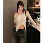 Long-sleeve Off-shoulder Halter Neck Lace Top
