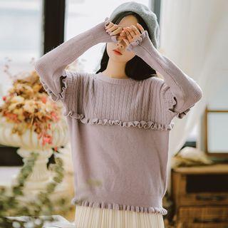 Long-sleeve Ruffled-trim Crewneck Knit Sweater