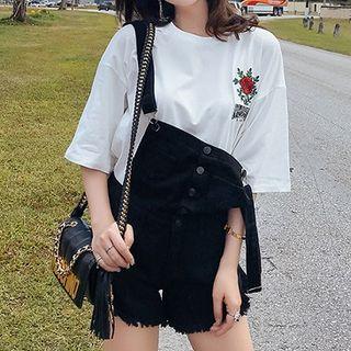 Fringed-hem Wide-leg Denim Jumper Shorts