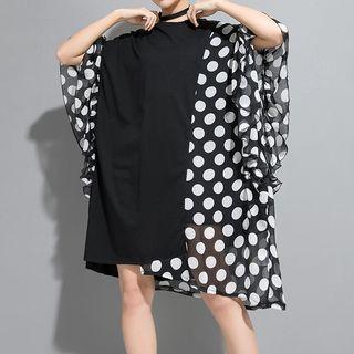Dotted Panel Elbow-sleeve Dress