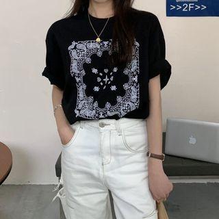 Short-sleeve Print T-shirt Short Sleeve - Black - One Size
