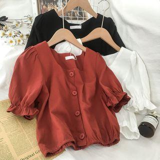 Puff-sleeve Button-up Frill Trim Top