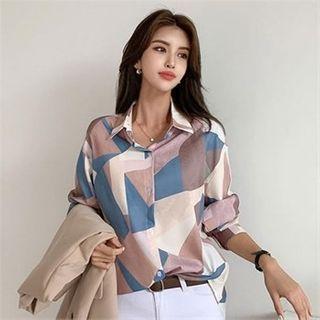 Drop-shoulder Patterned Shirt Pink - One Size