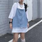 3/4-sleeve Plain T-shirt / Fringed Hem Denim Camisole Top