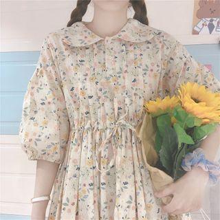 Balloon-sleeve Floral Print A-line Dress Almond - One Size