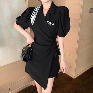 Puff-sleeve Asymmetrical Mini Collared Dress