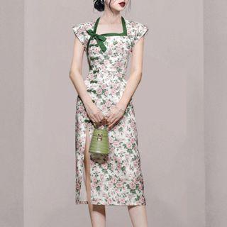 Cap-sleeve Square Neck Floral Sheath Dress