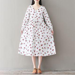 V-neck Cherry A-line Midi Dress