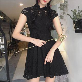 Mandarin Collar Short-sleeve Lace Dress