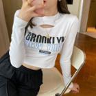 Round-neck Printed Letter Cutout Cropped Top