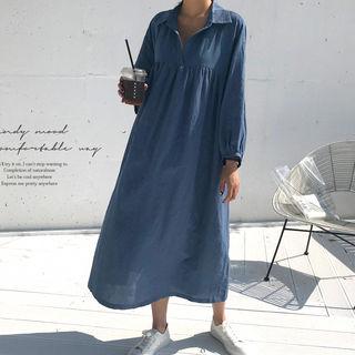 Bishop-sleeve A-line Long Shirtdress