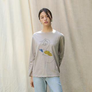 Round-neck Printed T-shirt Dark Beige - One Size