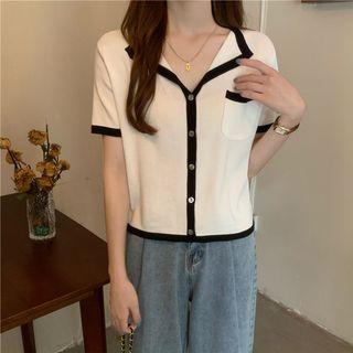 Short-sleeve Lapel Contrast Trim Cardigan