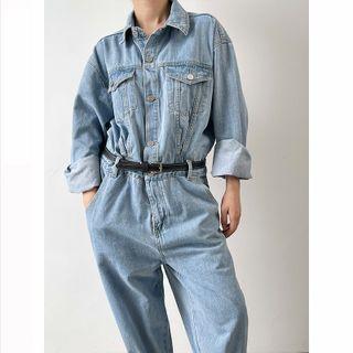 Long-sleeve Denim Wide-leg Cargo Jumpsuit Denim Blue - One Size