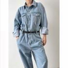 Long-sleeve Denim Wide-leg Cargo Jumpsuit Denim Blue - One Size