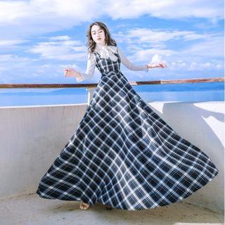 Set: Bow Neck Blouse + Plaid Sleeveless A-line Maxi Dress
