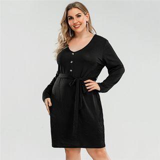 Plus Size Long Sleeve V Neck Tie-waist A-line Dress