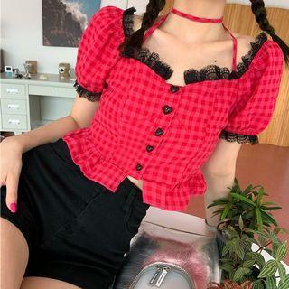 Puff-sleeve Plaid Lace Trim Cropped Top