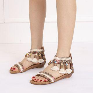 Tassel Print Ankle-strap Flat Sandals