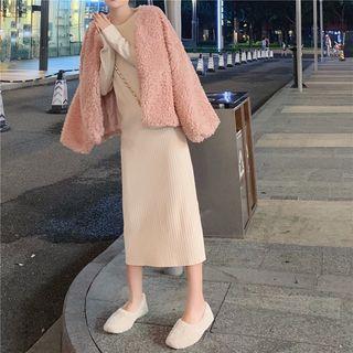 Faux Fur Fleeced Cardigan / Long-sleeve Knit Maxi Dress