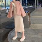 Faux Fur Fleeced Cardigan / Long-sleeve Knit Maxi Dress