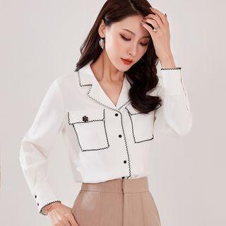 Embroidered Trim Flower Brooch Chiffon Shirt