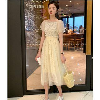 Short-sleeve Mesh Overlay Polka Dot A-line Midi Dress