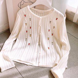 Flower-embroidered Rib-knit Cardigan