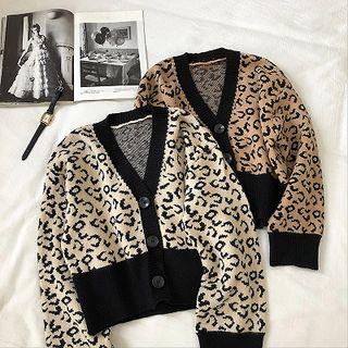 Color-block Leopard Single-breasted V-neck Long-sleeve Cardigan