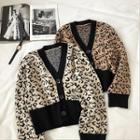 Color-block Leopard Single-breasted V-neck Long-sleeve Cardigan