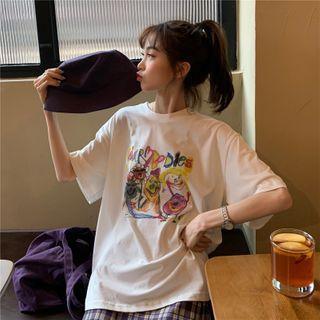 Elbow-sleeve Cartoon Print T-shirt / Plaid A-line Mini Skirt