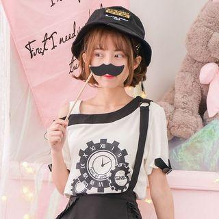 Print One-shoulder Strap Short-sleeve T-shirt