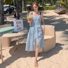 Spaghetti Strap Paid Midi A-line Dress