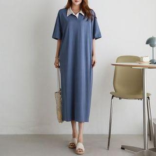 Contrast-collar Long T-shirt Dress