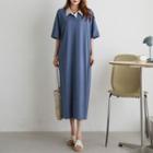 Contrast-collar Long T-shirt Dress